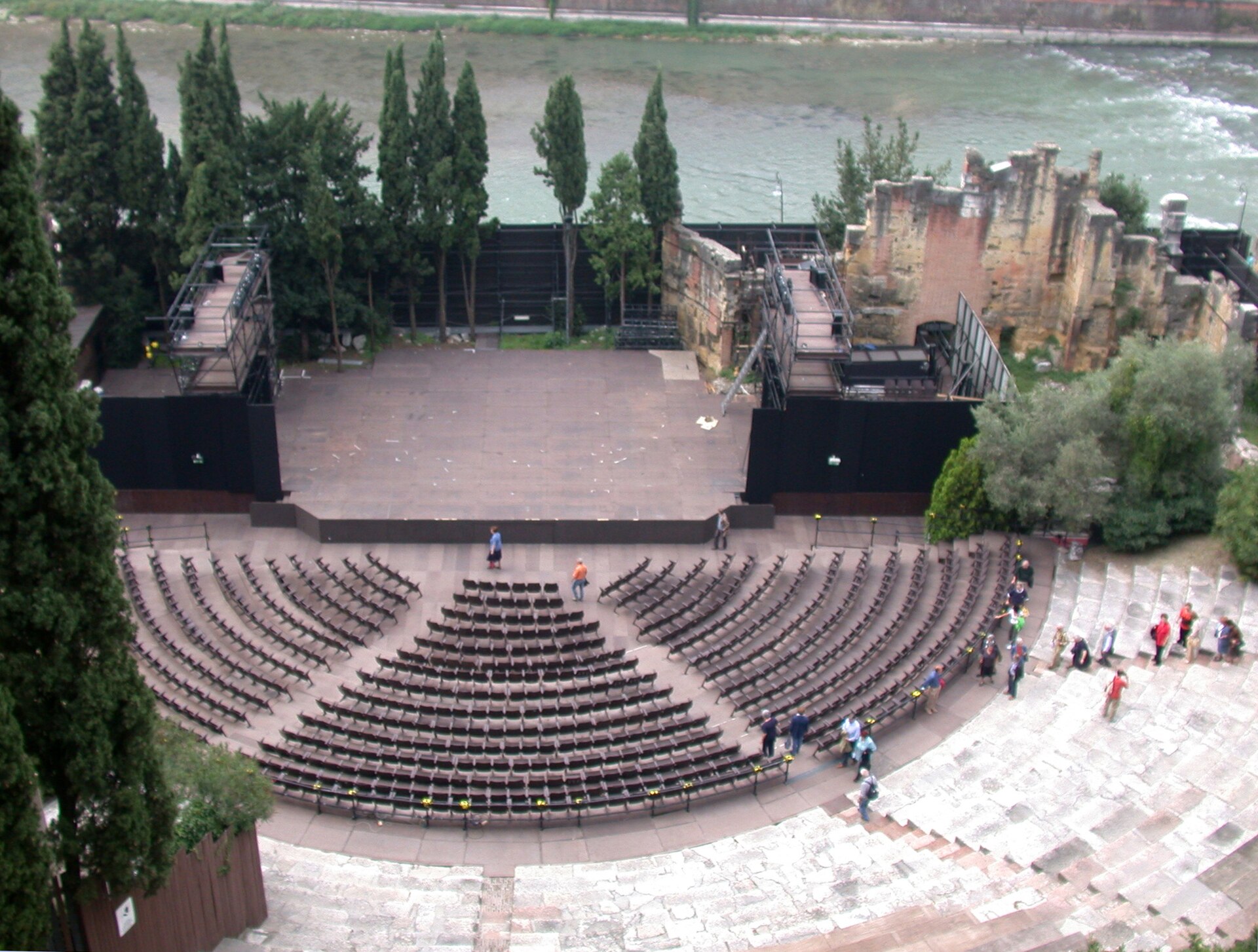 The Roman Theatre of Verona viewed from above, with its stage and seating